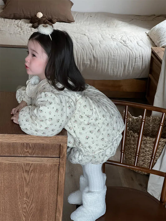 長袖セットアップ ベビーキッズセットアップ 2点セット フラワープリントキルティング防寒長袖チュニックトップス+ブルマパンツ【mh0008427】