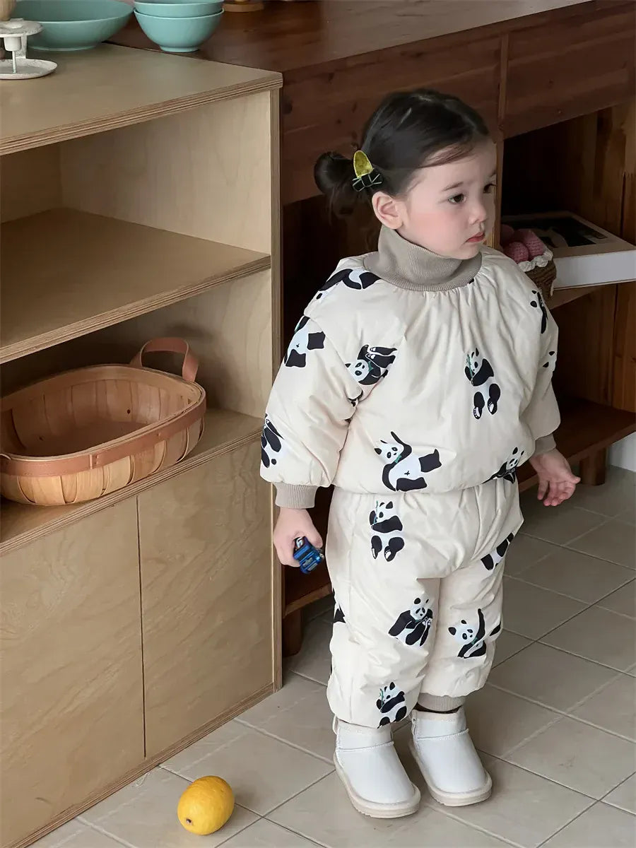 長袖セットアップ ベビーキッズセットアップ 2点セット パンダプリントパデッドハイネック長袖プルオーバー+ロングパンツ【mh0008434】