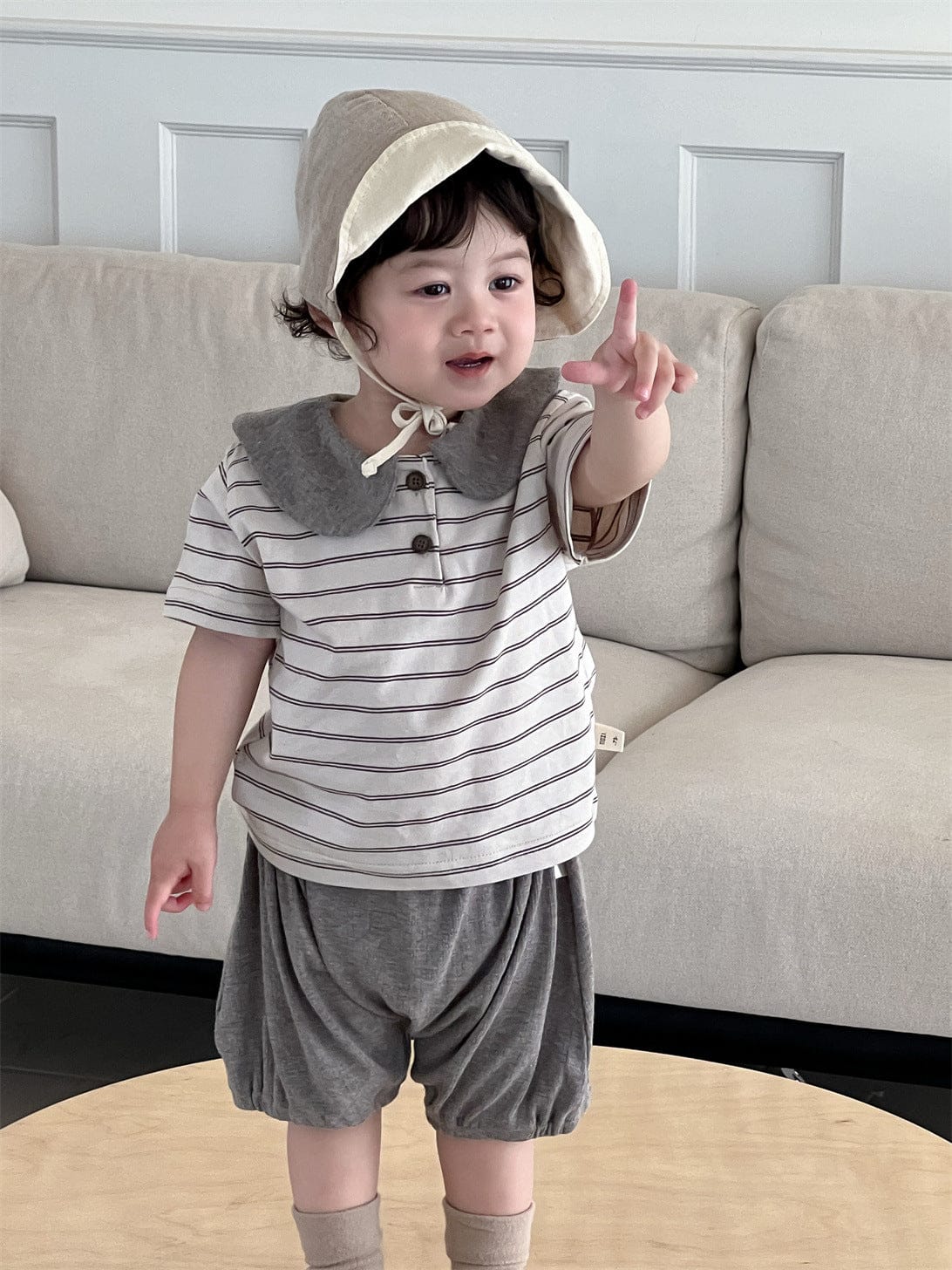 半袖セットアップ ボーダー丸襟ポロシャツ+ハーフパンツセットアップ 2点セット【mh0009898】