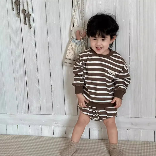 長袖セットアップ ベビーセットアップ 2点セット ボーダー長袖Tシャツ+ショートパンツ【mh0008308】