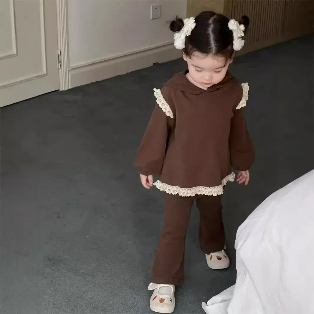 長袖セットアップ ベビーセットアップ 2点セット ショルダー裾レースフリル長袖チュニックTシャツ+フレアロングパンツ【mh0008342】