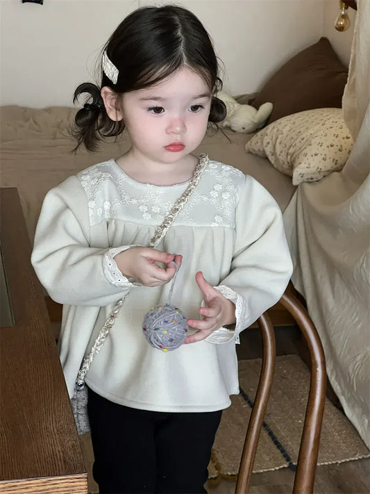 長袖シャツ・ブラウス Apricot / 12M 80CM キッズトップス レース刺繍フリース長袖チュニックブラウス【mh0008378】