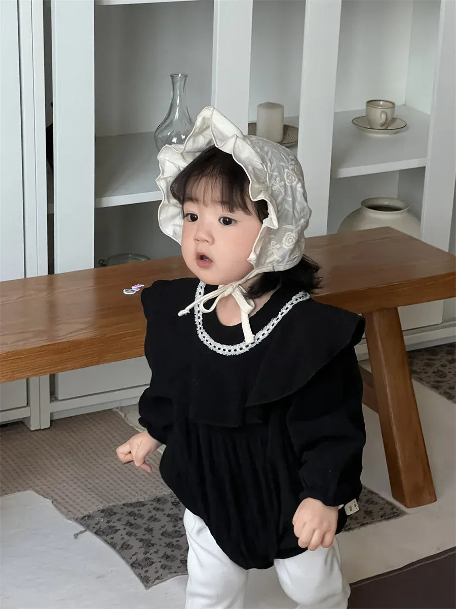 長袖ロンパース Black / 6M 66CM ベビーロンパース ビッグ襟裏フリース長袖ボディスーツ【mh0008414】