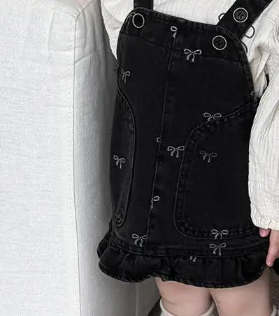 長袖セットアップ black dress / 9M 73CM ベビートップス/ワンピース 長袖パフスリーブブラウス/リボン柄サスペンダージャンパースカートワンピース【mh0007733】