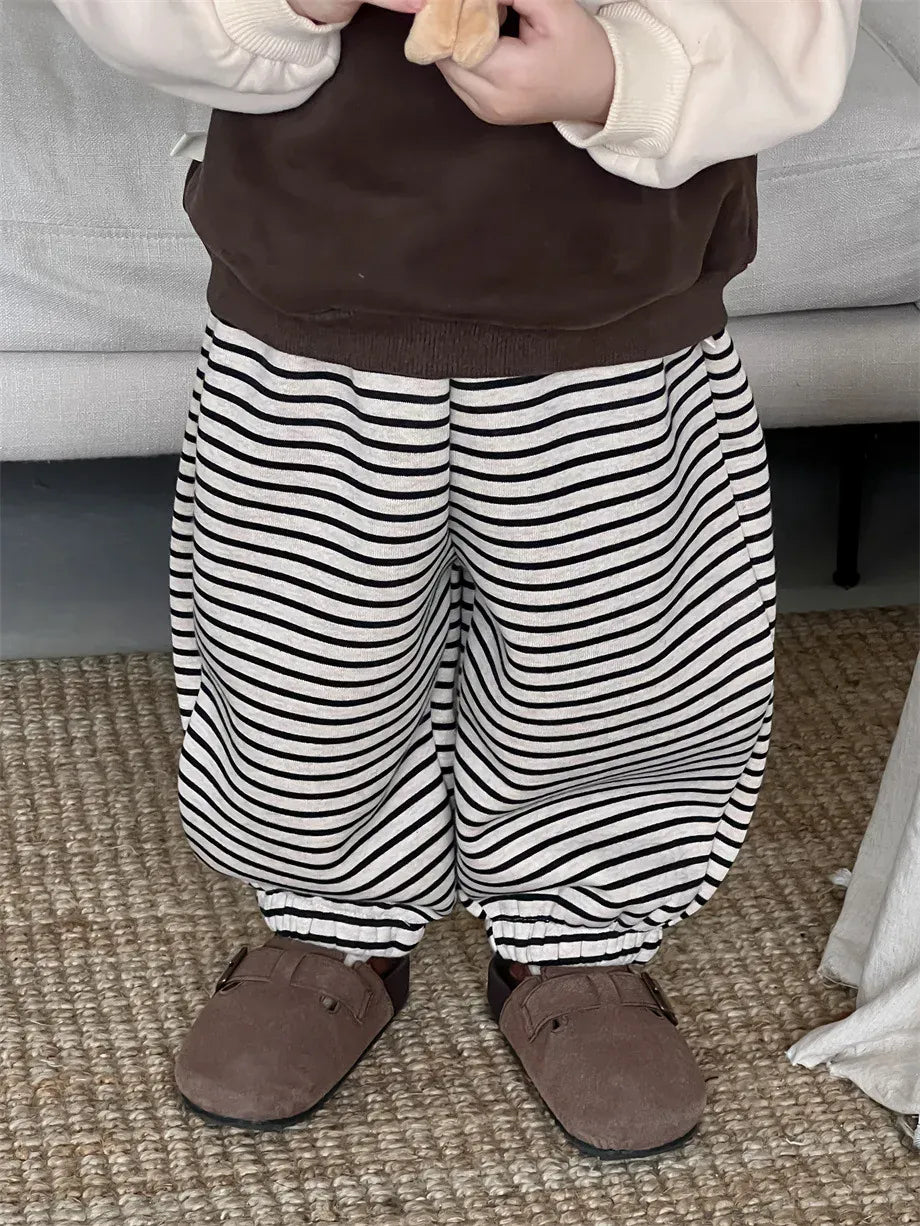 長袖セットアップ black striped pants / 9M 73CM ベビートップス/パンツ パッチワーク長袖スウェットトレーナー/ロングルーズパンツ【mh0007966】