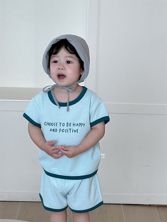 半袖セットアップ Blue / 73cm レターロゴプリント半袖Tシャツ+ショートパンツセットアップ 2点セット【mh0009923】