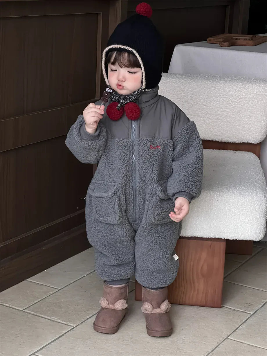 アウタージャンプスーツ Blue Gray / 6M 66CM ベビーアウタージャンプスーツ ボアフリースパッチワークジップアップロンパース【mh0007971】