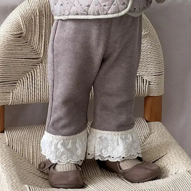 長袖セットアップ brown pants / 9M 73CM ベビーアウター/パンツ フラワー小花柄プリント長袖パフスリーブキルティングジャケット/ボリュームレースフリルレギンスパンツ【mh0007831】