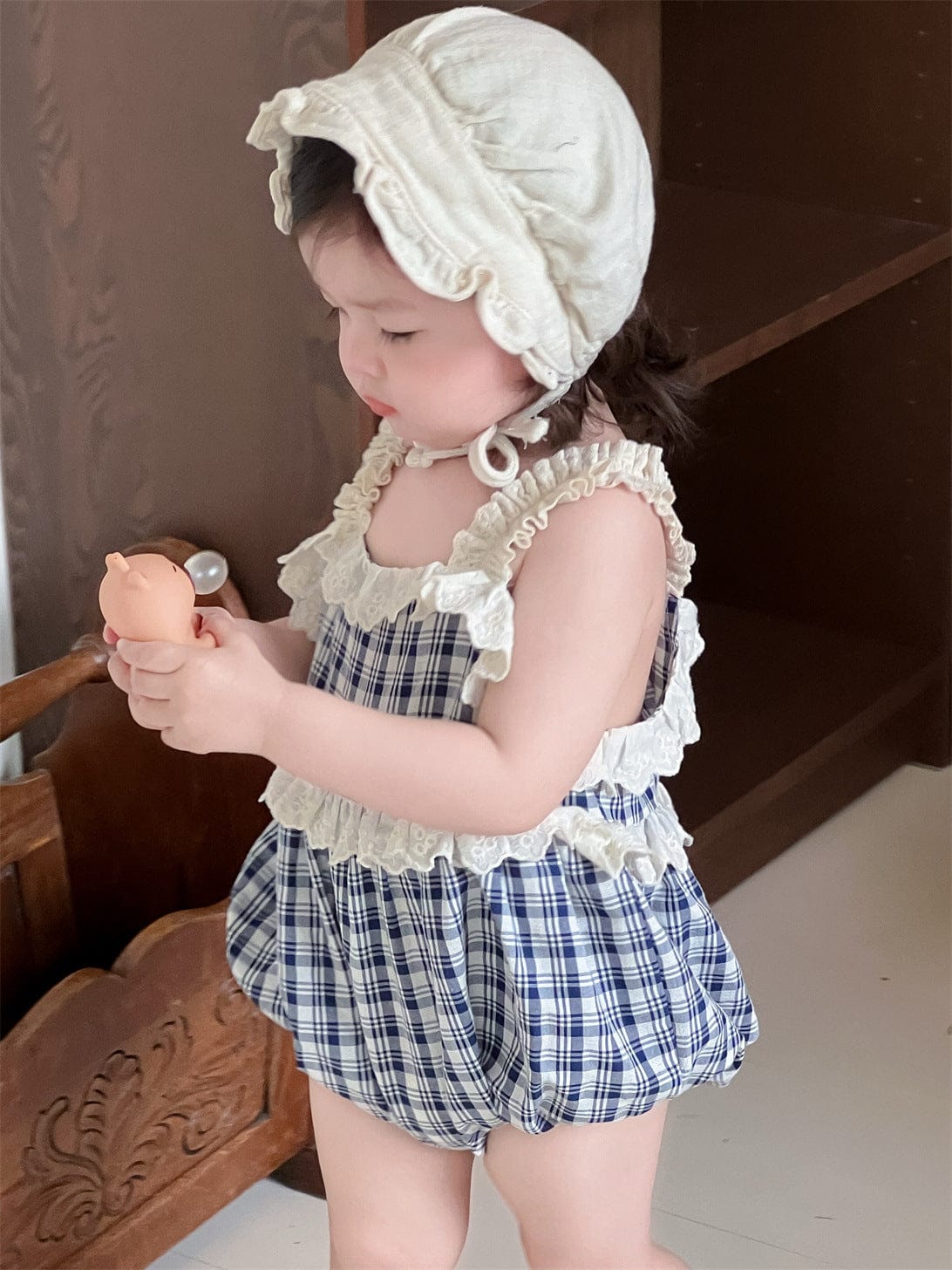 ノースリーブロンパース Check / 66cm チェック/ストライプフリルキャミソールバルーンロンパース【mh0009895】