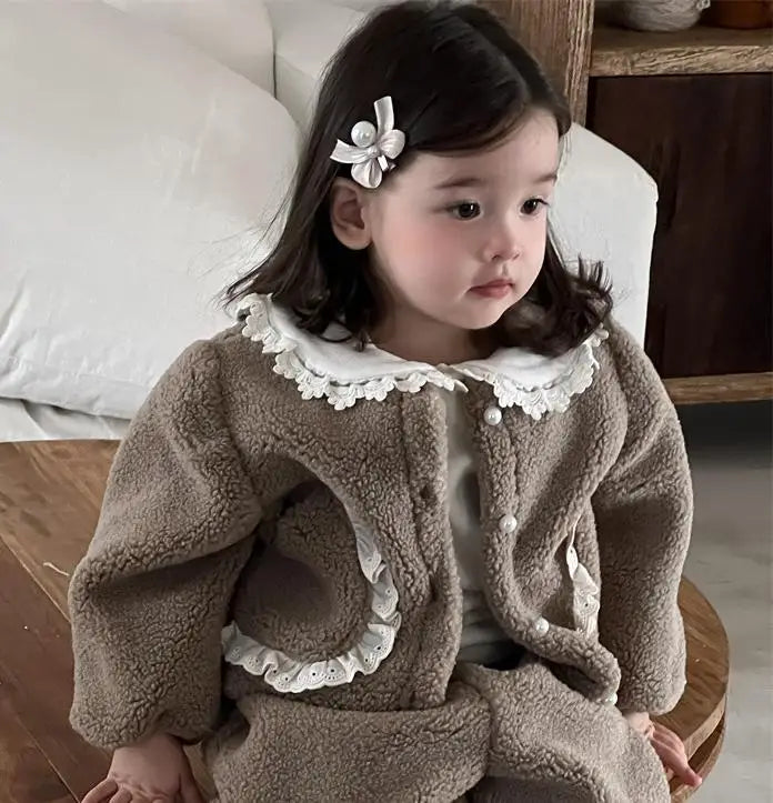 長袖セットアップ coat / 9M 73CM ベビートップス/パンツ ボアフリースレースフリルジャケット/ロングフリースパンツ【mh0008428】