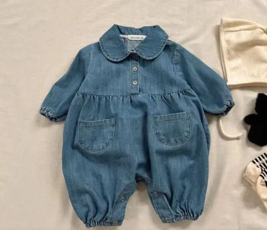 長袖セットアップ denim romper / 6M 66CM ベビーロンパース/ベスト デニム長袖ジャンプスーツ/キルティングベスト【mh0008716】
