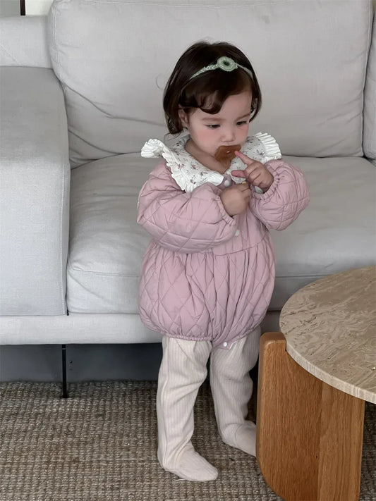 長袖ロンパース ベビーアウターロンパース フラワープリントフリル襟キルティング防寒長袖ボディスーツ【mh0007811】