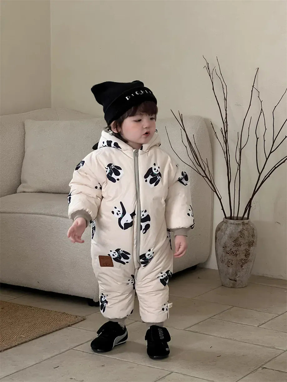 アウタージャンプスーツ ベビーアウタージャンプスーツ ぱんだプリントキルティング耳付きフーディシンプルジップアップロンパース【mh0007972】