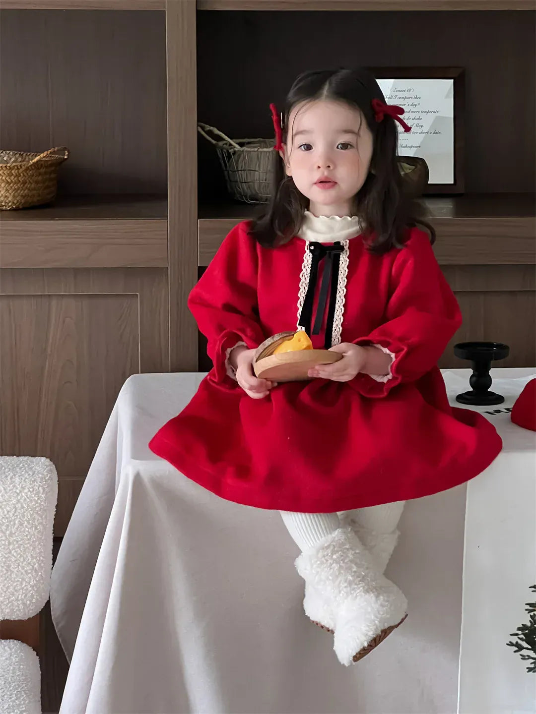 長袖ワンピース ベビーワンピース レースリボンフリルフリース長袖ワンピース【mh0008132】