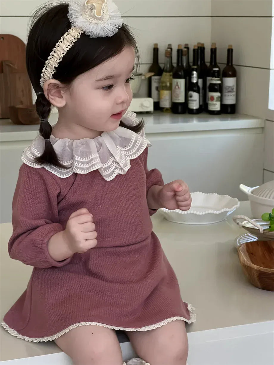 長袖ワンピース ベビーワンピース レースフリルラッフル襟ウェストマーク長袖ワンピース【mh0008334】