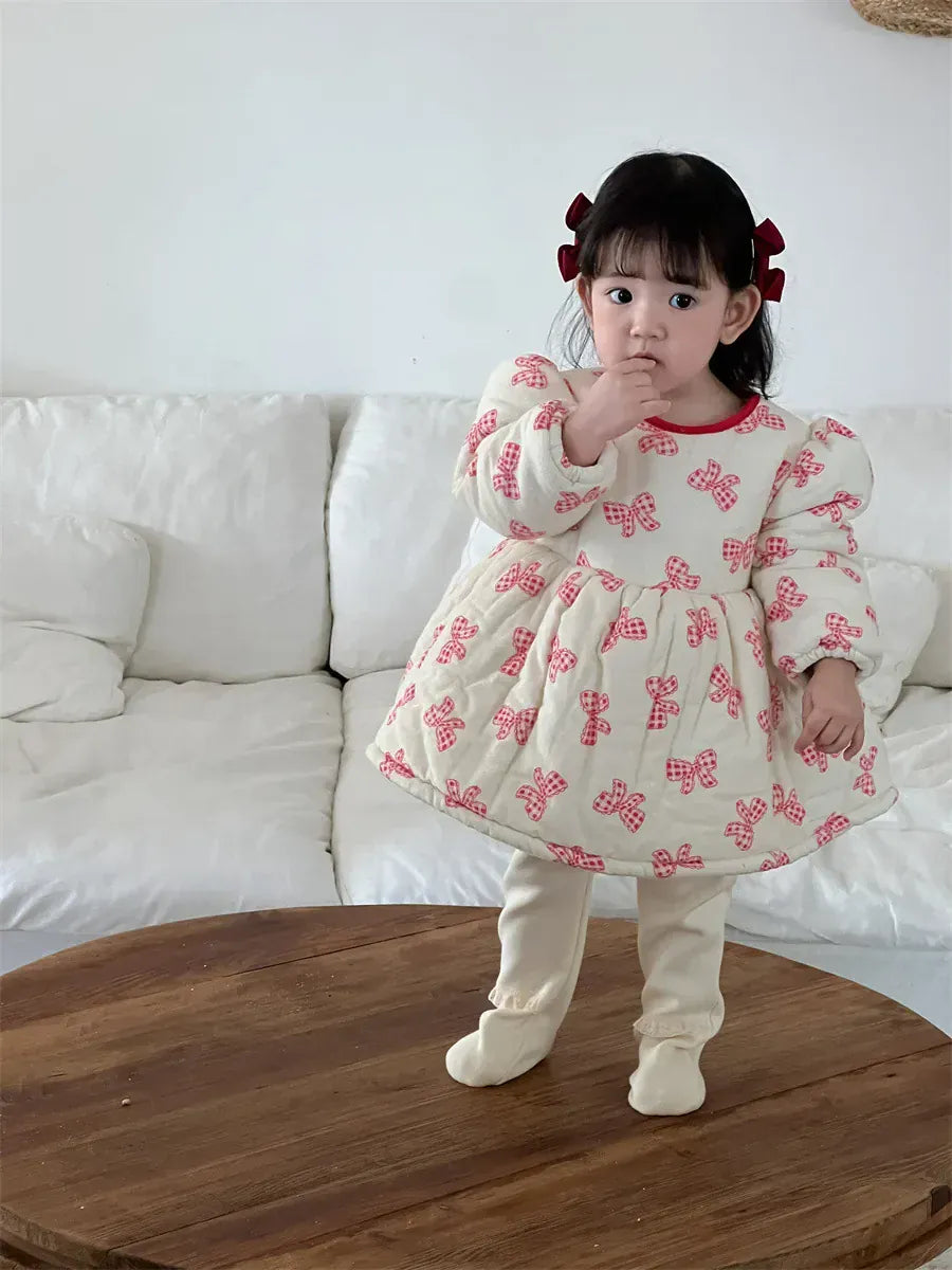 Baby One-Piece Dress, Ribbon Print Quilted Padded Long Sleeve Puff