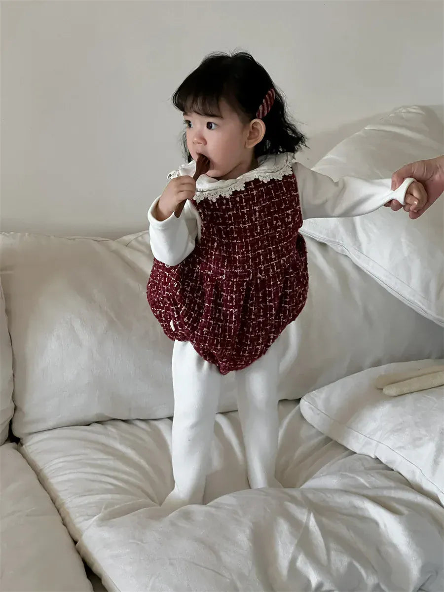 ノースリーブロンパース ベビーロンパース フェイクツイードチェックノースリーブボディスーツ【mh0008433】