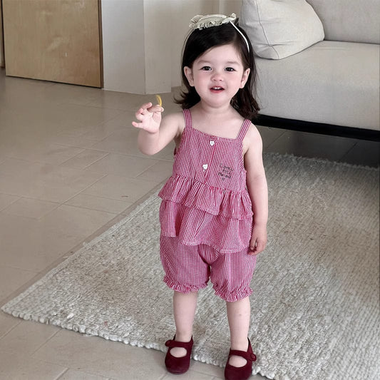 ノースリーブセットアップ チェックキャミソールチュニック+バルーンショートパンツ【mh0009911】