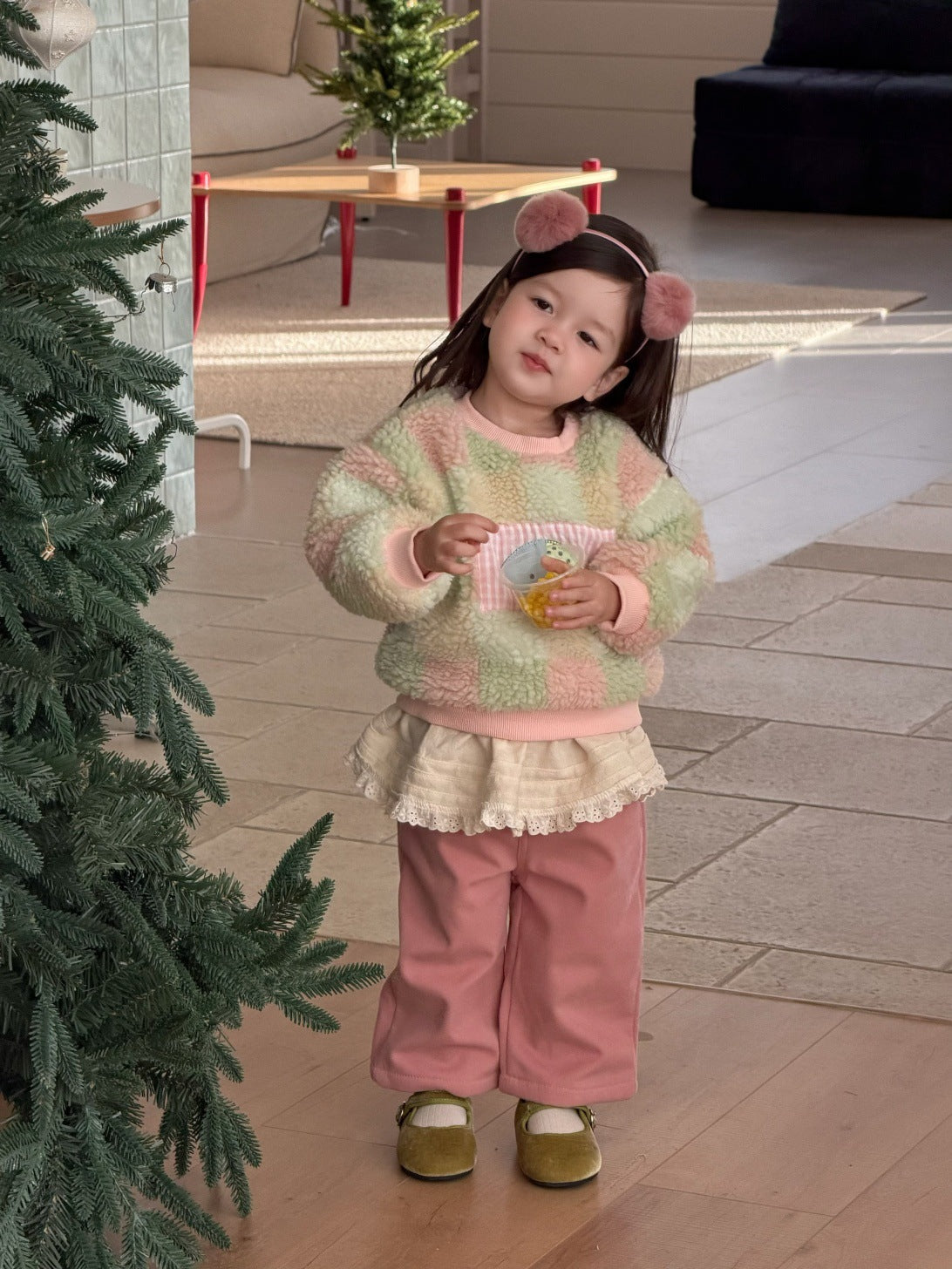 長袖セットアップ カラフルチェックボアスウェット/裏フリースパンツ【mh0011930】