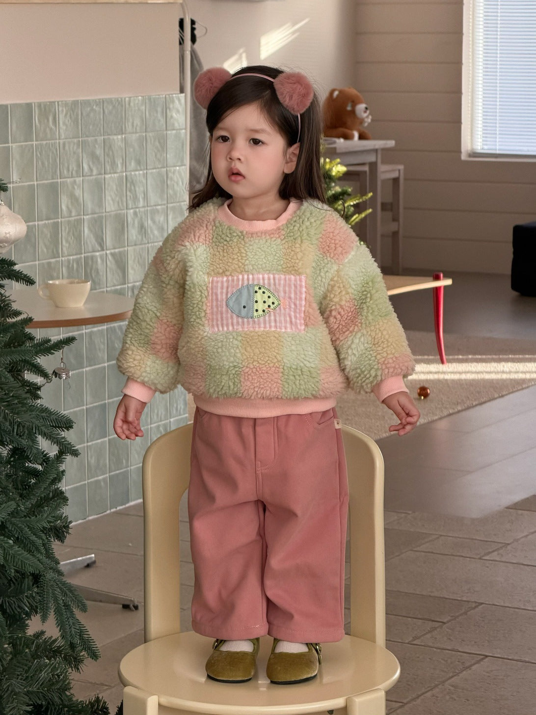キッズ用カラフルチェックボアスウェットと裏フリースパンツ(ピンク)