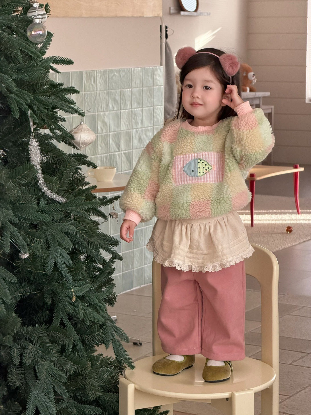 キッズ用カラフルチェックボアのスウェットと裏フリースパンツ(ピンク)