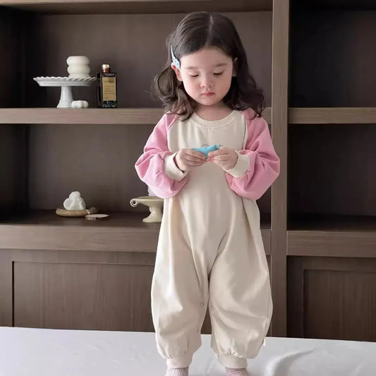長袖ロンパース Pink / 6M 66CM ベビーロンパース パッチワーク長袖ジャンプスーツ【mh0008345】