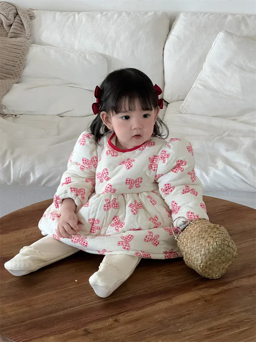 長袖ワンピース Red / 6M 66CM ベビーワンピース リボンプリントキルティングパデッド長袖パフスリーブアウターワンピース【mh0008421】
