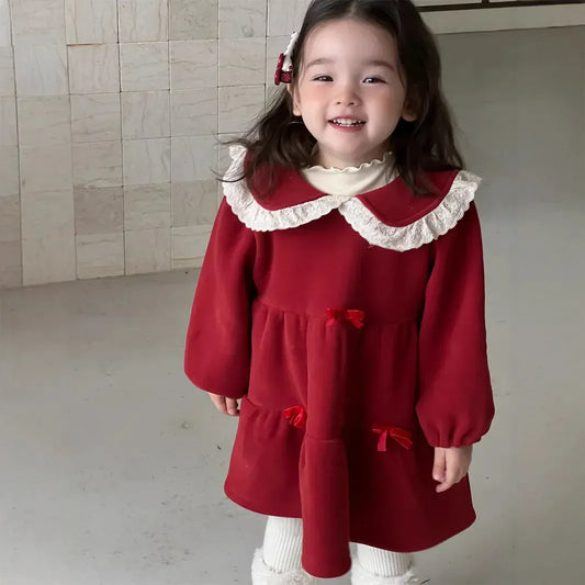 長袖ワンピース Red / 9M 73CM ベビーワンピース 無地/チェックレース丸襟裏フリース長袖ワンピース【mh0008106】