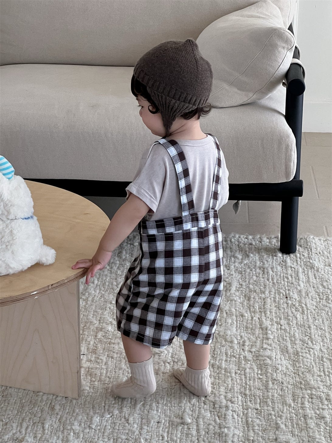 半袖セットアップ Strap shorts / 73cm 半袖Tシャツ/ブロックチェックサスペンダーパンツサロペット【mh0009925】