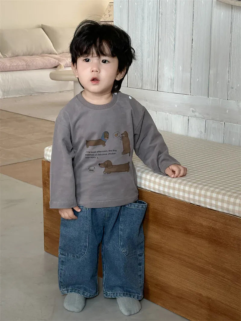 ベビー用長袖Tシャツとデニムパンツ:グレージュ長袖の犬プリント、ワイドシルエット