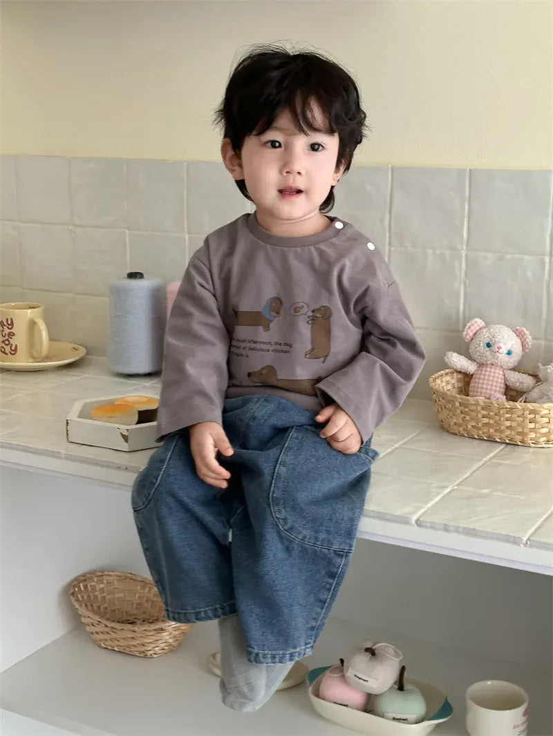 ベビー用長袖Tシャツとデニムパンツ:犬プリントの長袖トップス+ブルーのワイドデニム