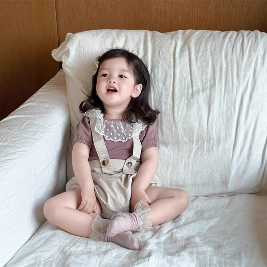 半袖セットアップ レースラッフル襟半袖Tシャツ/サスペンダーブルマパンツ【mh0009914】