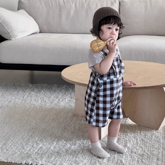 半袖セットアップ 半袖Tシャツ/ブロックチェックサスペンダーパンツサロペット【mh0009925】