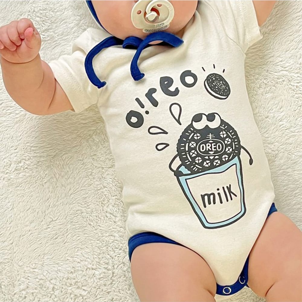 Oreo Milk Print Romper Bonnet Set クッキー 半袖ロンパース 帽子 セット【mh0013389】 TOMMY'S GIFTS 半袖ロンパース
