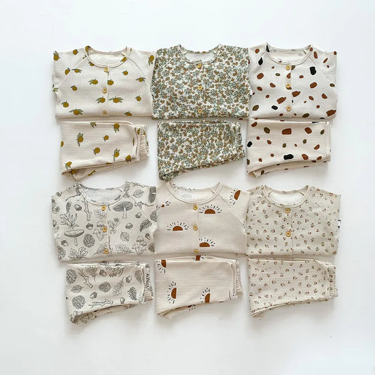 長袖パジャマ キッズパジャマセット りんご 幾何学プリント柄 ワッフル 長袖ルームウェア【mh0003575】