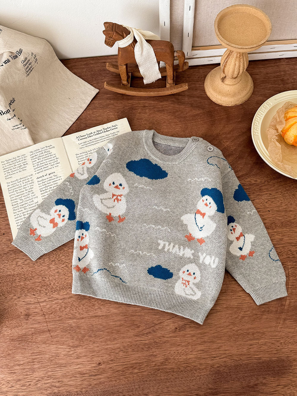 ニット・セーター ニットセーター アヒル柄 厚手 クルーネック コットン ルーズフィット【mh0011690】