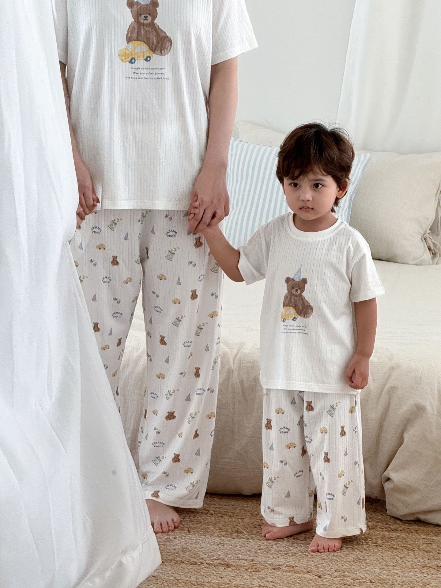Parent-child Short-sleeved Loungewear ベア 半袖Tシャツ ロングパンツ ショートパンツ【mh0013306】 Car bear Short-sleeve + Long pants / 80cm cicikids 半袖パジャマ
