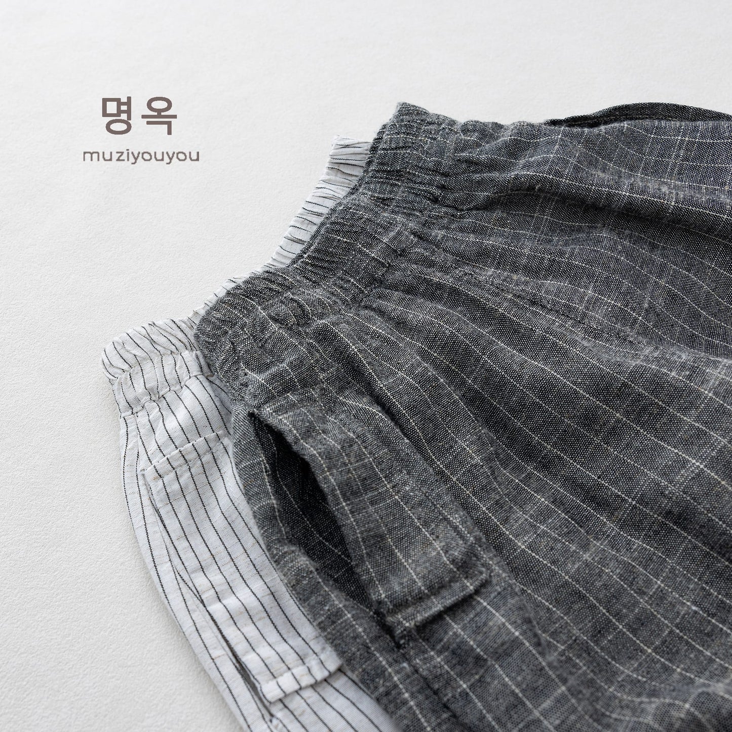 Pinstripe Cotton-Linen Shorts バルーンハーフパンツ【mh0013143】 명옥 muziyouyou ハーフパンツ・ショートパンツ