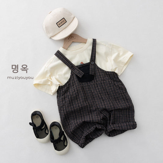 Plaid Loose-Fit Jumpsuit サスペンダー ハーフサロペット【mh0013136】 명옥 muziyouyou サロペットパンツ・サスペンダーパンツ