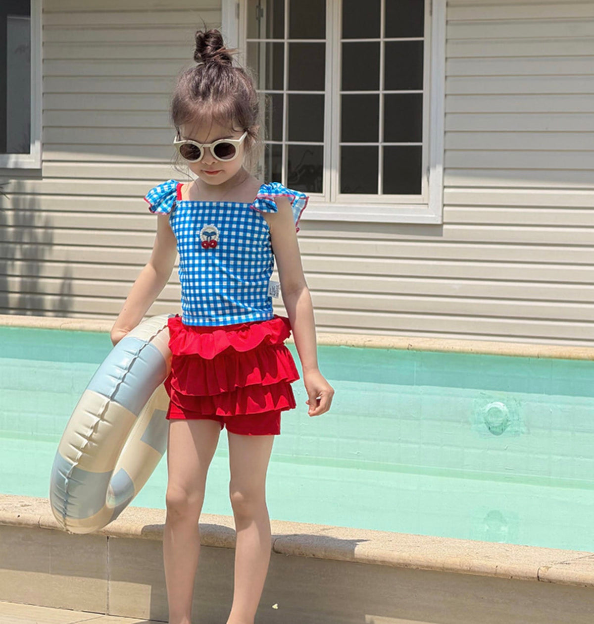 Plaid Quick-dry Split Swimsuit チェック 半袖ラッシュガード ショートパンツ 水着セット【mh0013325】 mamahalo kids ベビー用水着