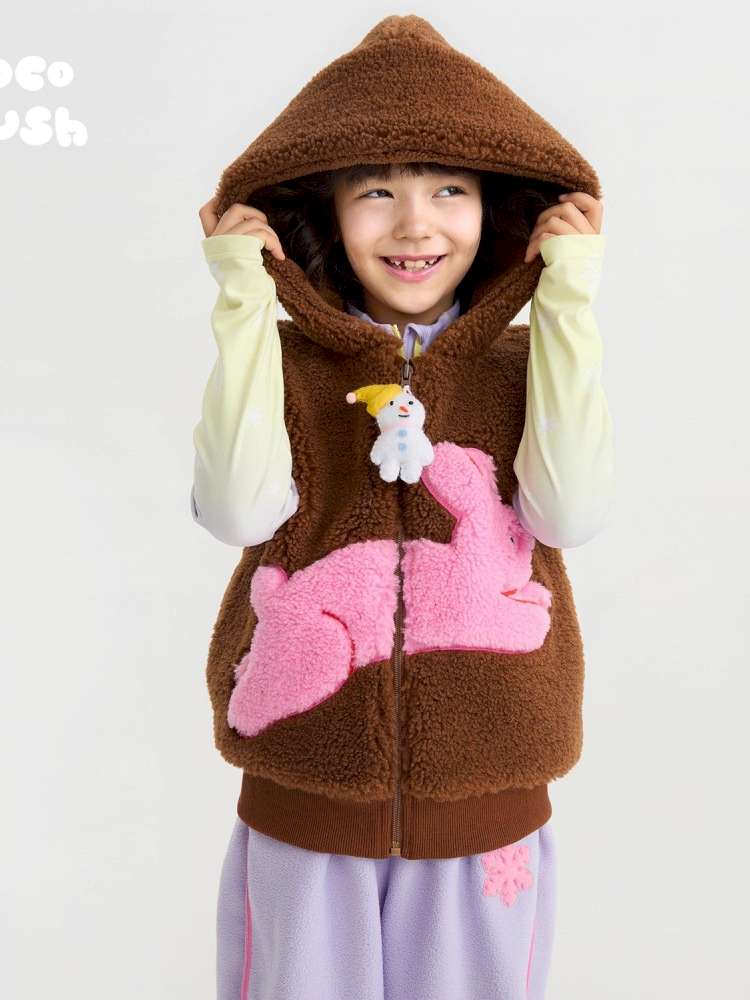 ベスト Caramel / 110cm poco blush | Snowman Tumbler Hooded Fluffy Vest スノーマン フード付き シープボアベスト【mh0020015】