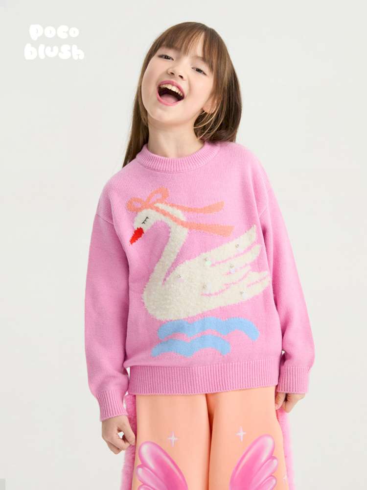 ピンクのキッズセーター、スワン柄のジャガードにラメ入り、クルーネック