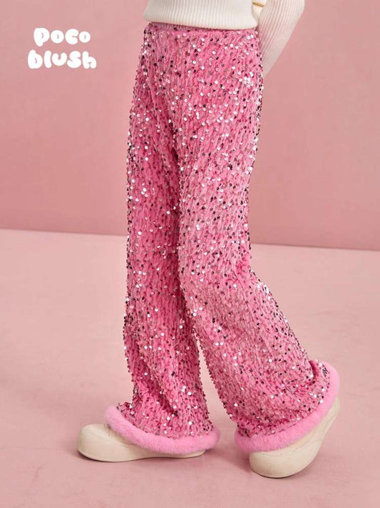 ロングパンツ・スウェットパンツ Pink / 110cm poco blush | Sequin Velvet Fleece Flared Pants スパンコール ベルベット フレアパンツ【mh0020012】