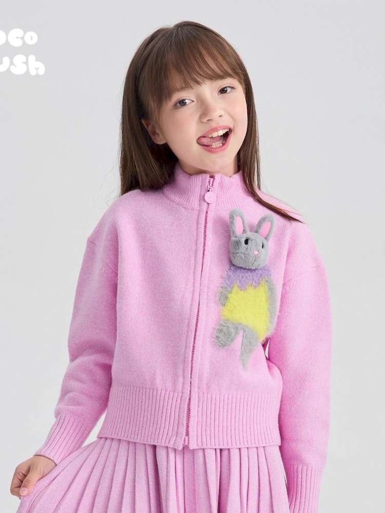 キッズ用 ピンク ジップカーディガン 立体モチーフ付き フロントアップ
