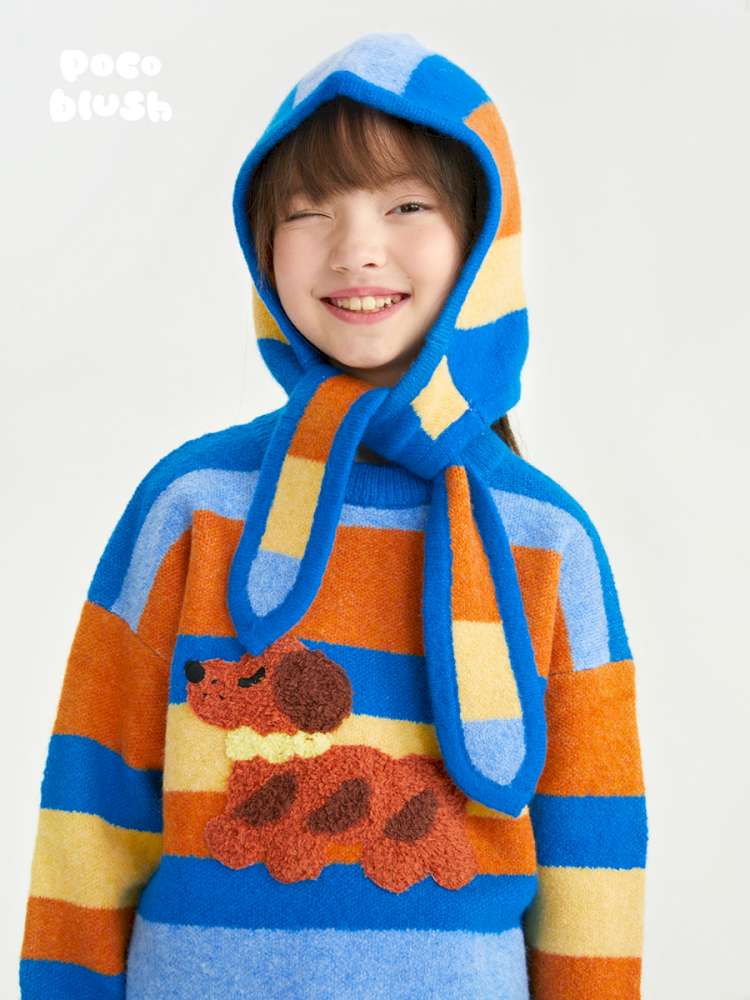 ボーダー柄のキッズセーター、ドッグモチーフ付きフードウォーマーセット