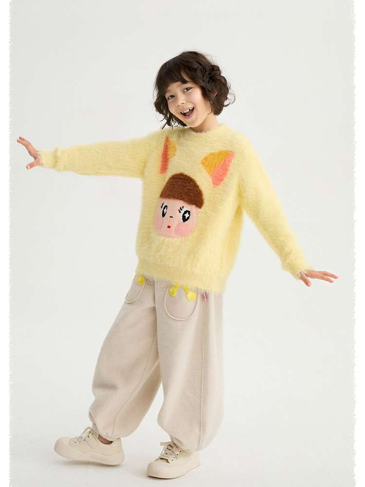 キッズ用シャギーセーター イエロー、ネコ顔ジャカード付き長袖