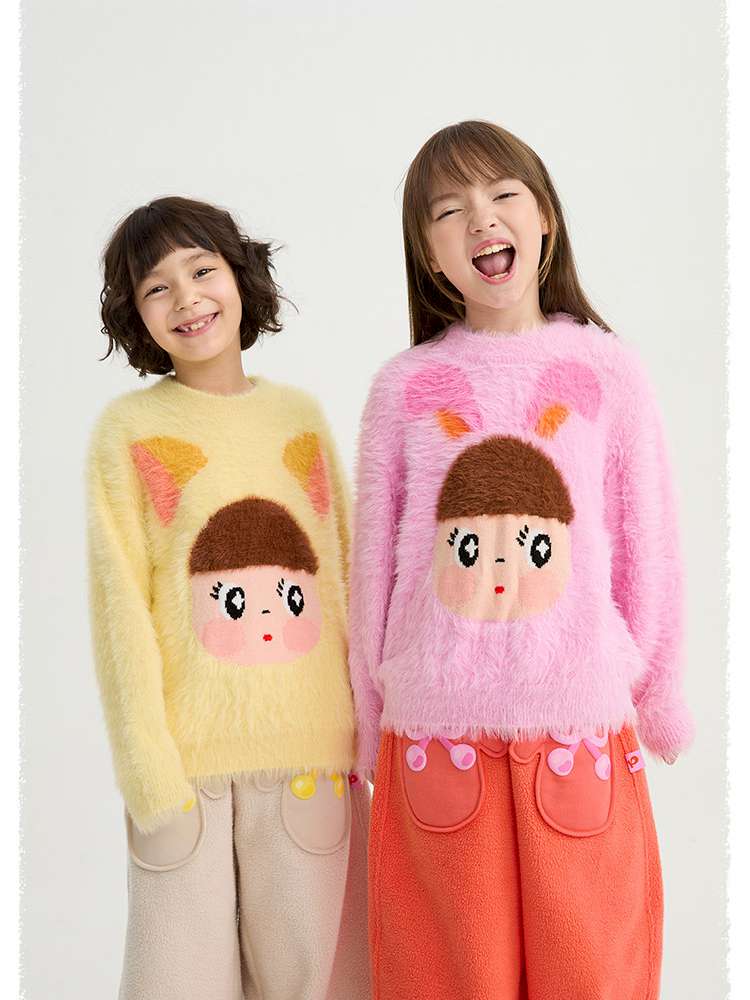 ネコフェイス柄シャギーセーター(黄とピンク)