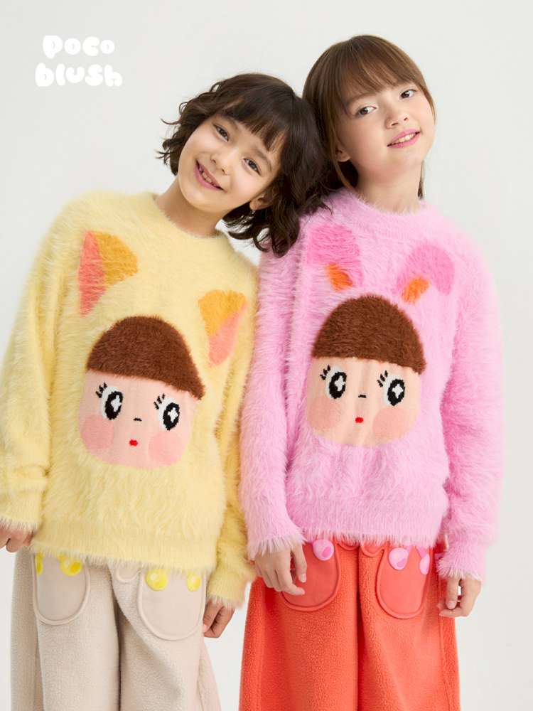 ネコフェイス柄シャギーセーター(黄色とピンク)