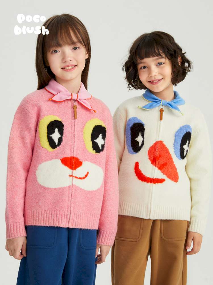 キッズ用ピンク&ミルクホワイトのフェイス柄ジャガードジップカーディガン2点セット