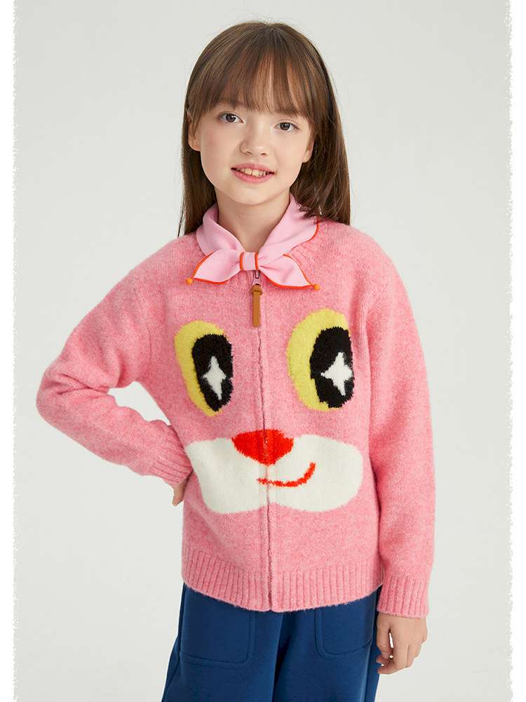 キッズ用ピンク ジップカーディガン、フェイス柄ジャガードの前開き
